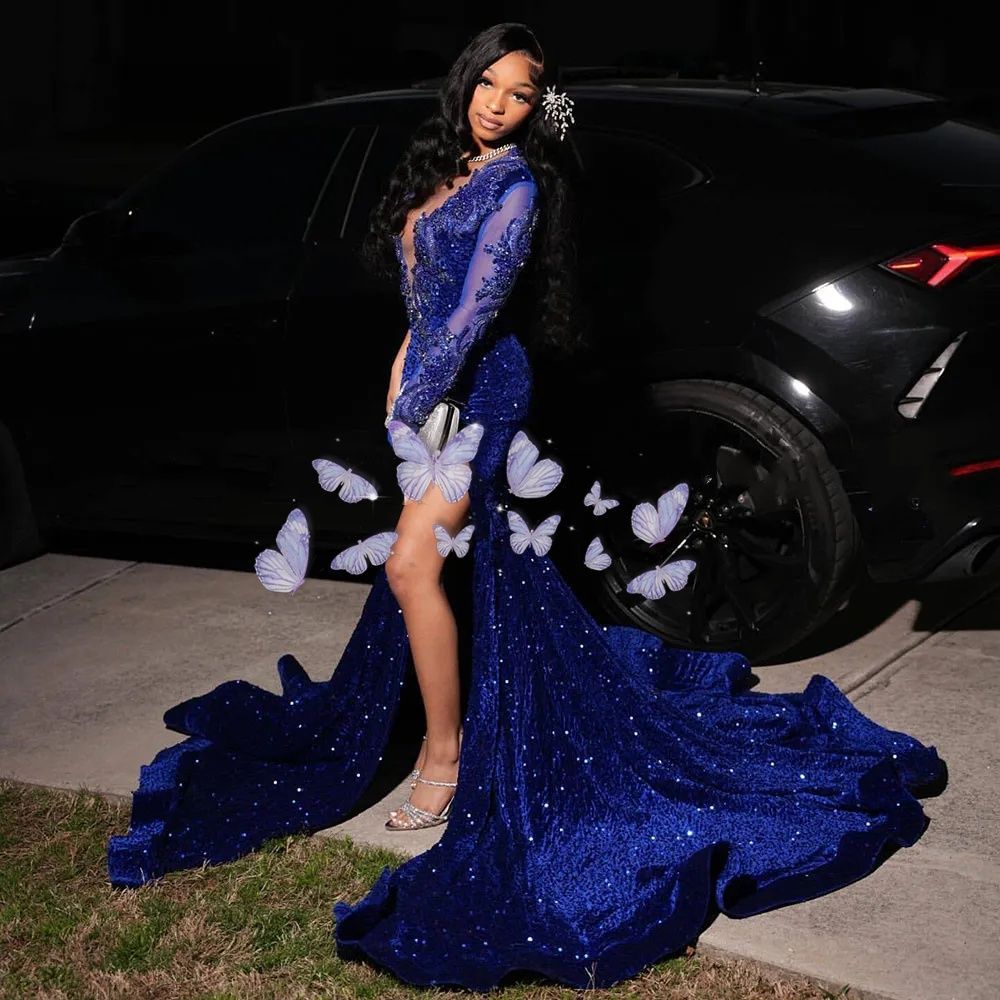 Sparkle Royal Blue Prom Dresses For Black Girls 2026 Sheer Long Sleeves Split Evening Gowns Women Red Carpet Runway Party Dress Customized J17