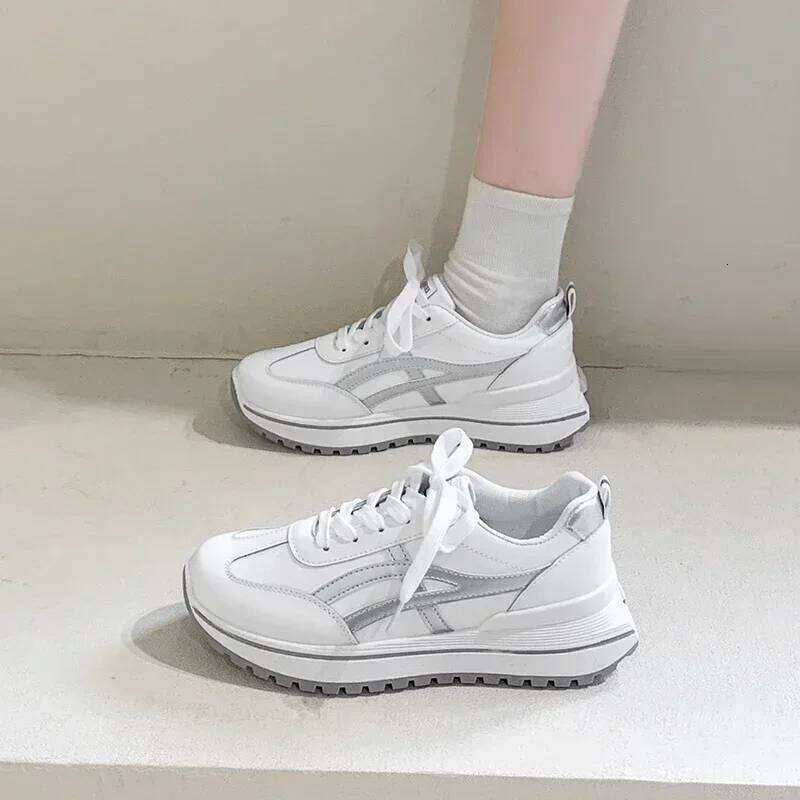 Women's lace-up breathable sports 2025 thick-soled leather stitching casual outdoor running vulcanized shoes