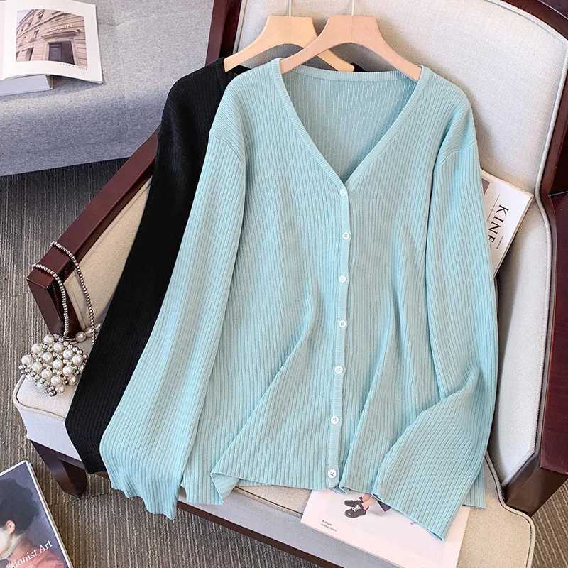 Plus size knitted cardigan V-neck long sleeved T-shirt thin coat autumn top 9175 M260306
