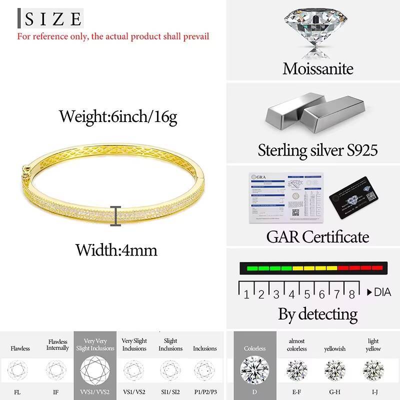 Unisex 925 Sterling Silver Moissanite Diamond Bangle Hip Hop Style Fine Jewelry for Women
