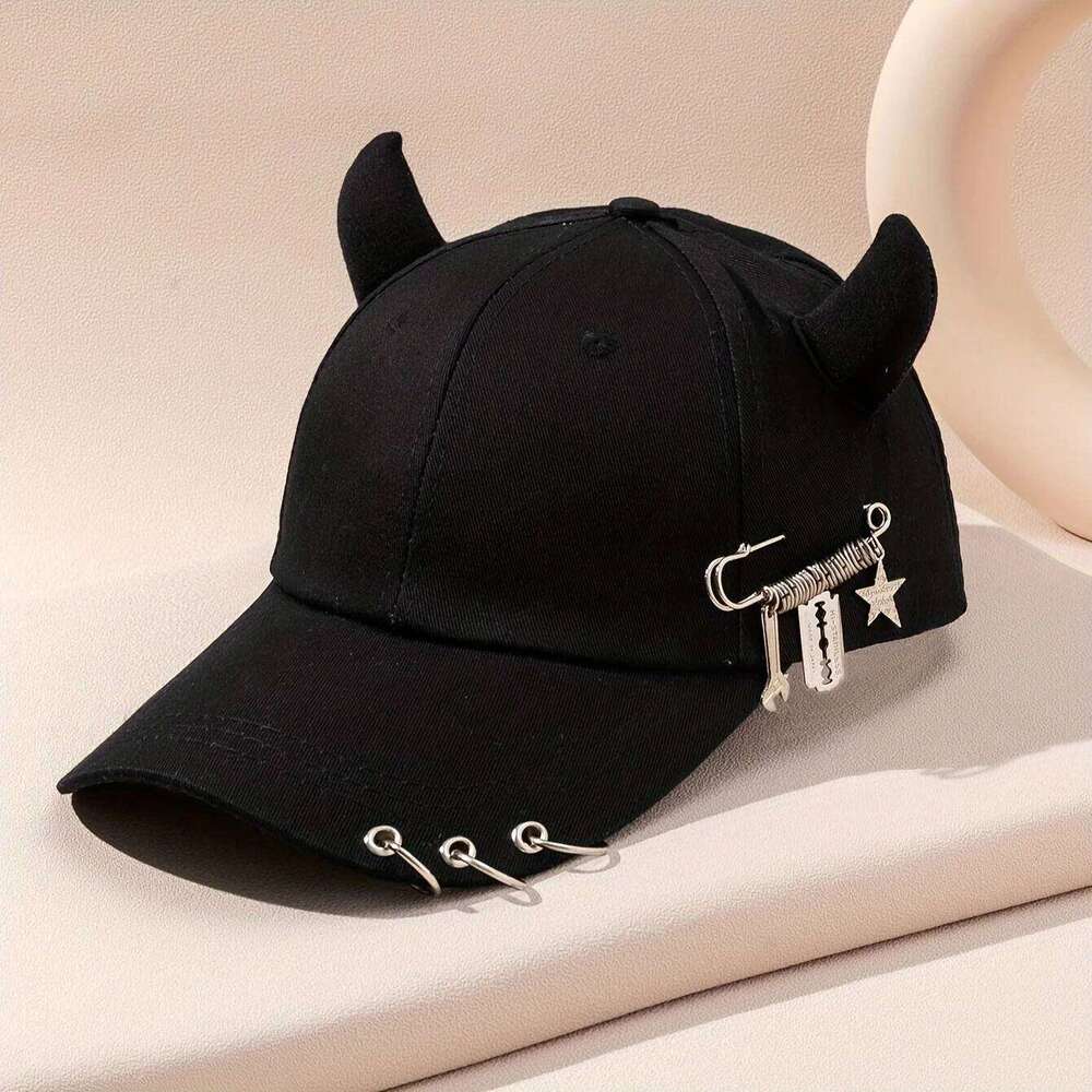 Personalized cow horn iron ring baseball versatile student curved brim duckbill cap for men and women street hip-hop Y260304