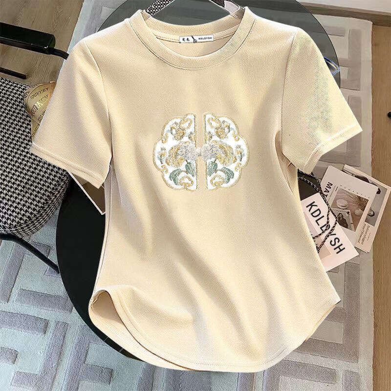 New Chinese Lightweight Embroidered Button Design short Women's Summer T-irt White Faionable Slim Fit round neck top Leisure multifunctional T-sl