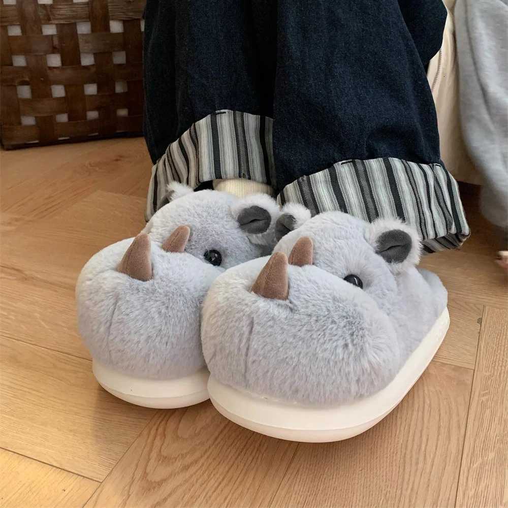 Cute Fun Rhinoceros Design Women Winter new Slippers Casual Soft Heel Platform Fur Warm Indoor Comfortable Man Home Slippers S260305