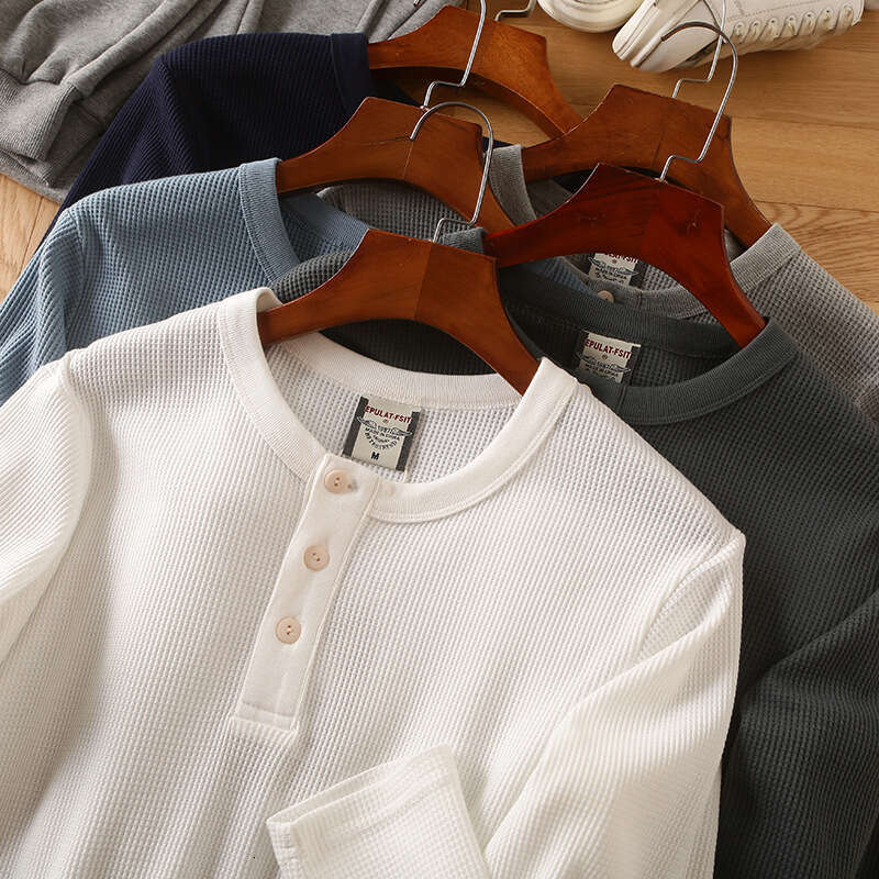 European and American Tough Guy Henry V-Neck Live Streaming One-Piece Dropshipping Men's All-Cotton Waffle Long-Sleeve T-Shirt Base Shirt Cotton 