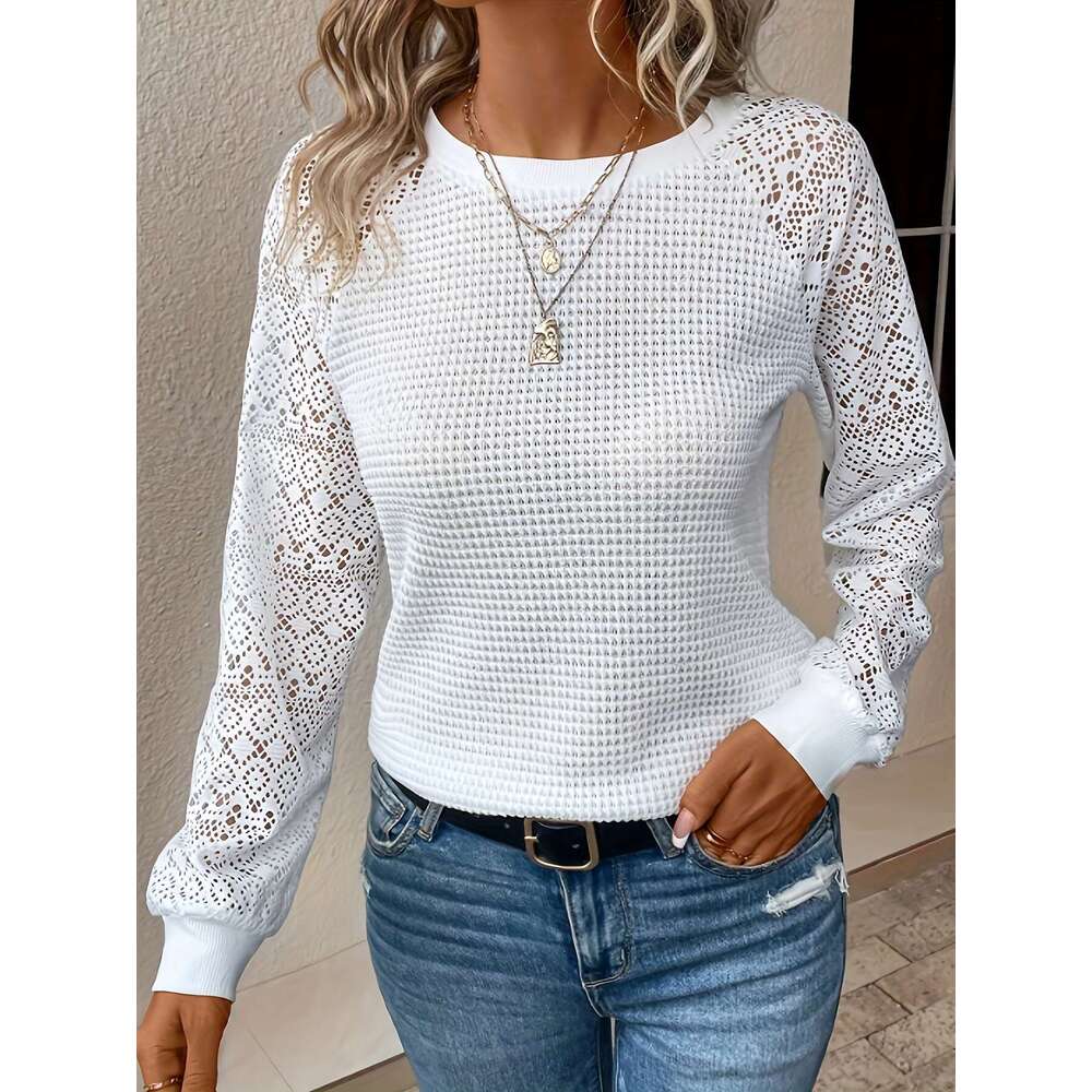 manufacturer European and American 2025 new solid Designer color lace long-sleeve hollow-out round-neck casual women's T-shirt top
