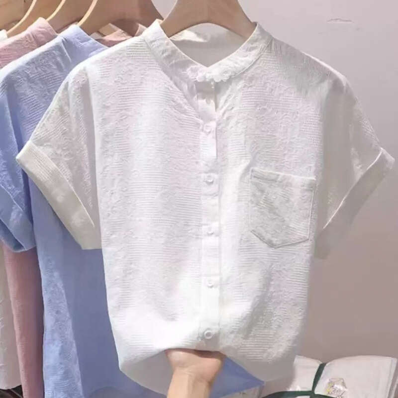 Women Solid Color Summer Chinese Style Retro Pure Cotton Short Sleeve Blouses Fashion Stand Collar Pocket Single-breasted Shirts New Chinese Style top