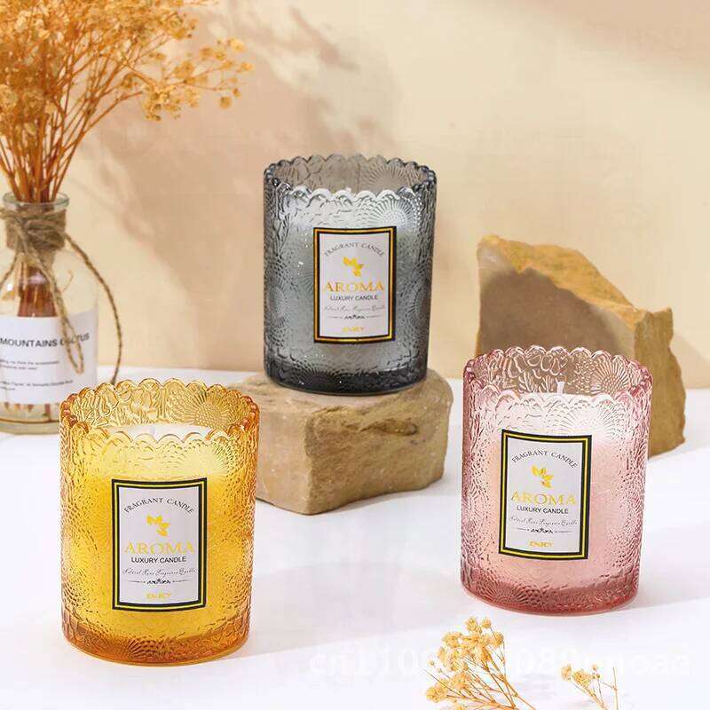 Lace Embossed Soy Wax Scented Candle Smokeless Essential Oil Fragrance Home Gift Handcrafted Gardenia Beauty Cylindrical Glass W260304 W260305