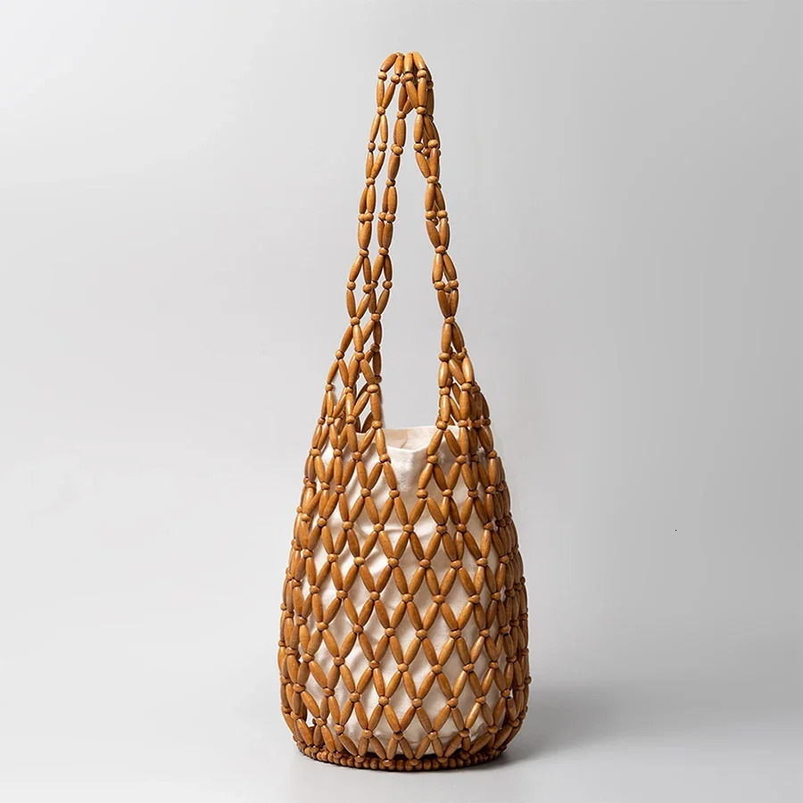 Women Woven Hand Bag Summer n Hollow-out Wooden Bead Tote Bucket Shoulder Bag Female Reticulate Netted Canvas Beach Handbag 260303