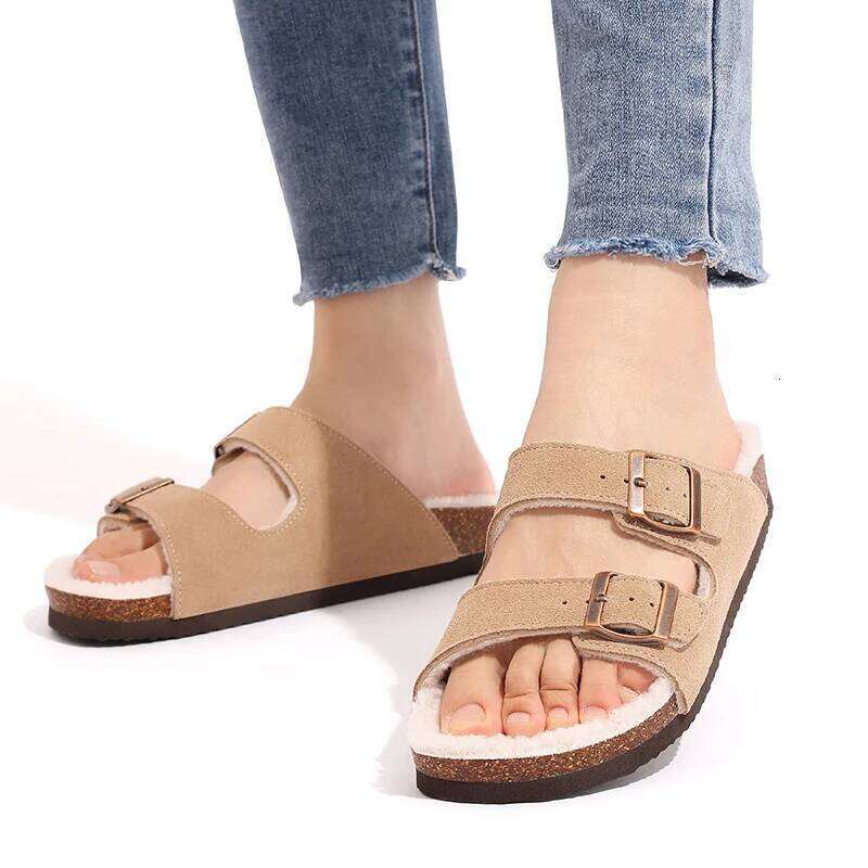 Litfun New Women's Winter Slippers Thick Sole Cork Footed Ladies Slides Fur Lining Warm Sandals With Adjustable Double Buckle
