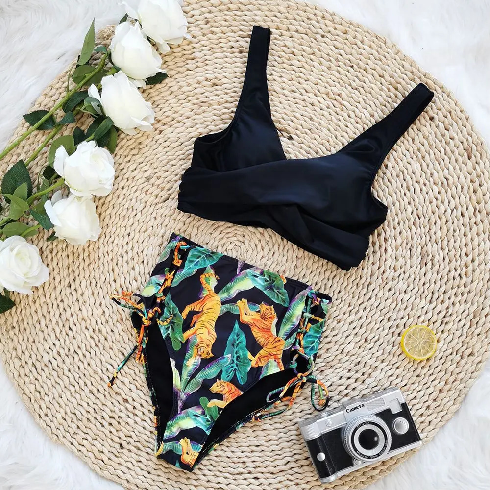 Floral Print V Neck Bikini Sets Tie Back Side Cut Out High Waist Two Pieces Swimsuit Womens Swimwear Clothing 260302