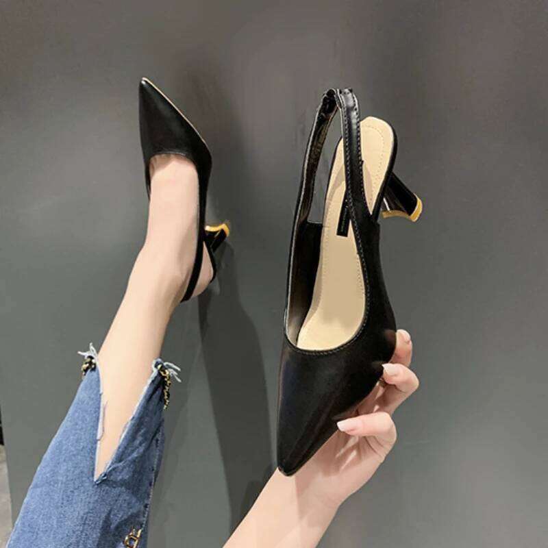 Summer Fashion New Breathable Pointed Toe Stiletto Heel PU Comfortable and Elegant Women's Shoes Shallow Mouth Sexy Sandals