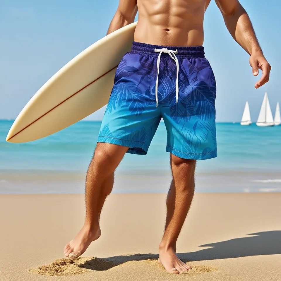 Gradient pattern beach shorts mens colorful 3D feather print shorts summer casual vacation shorts loose surfing swim pants X260306