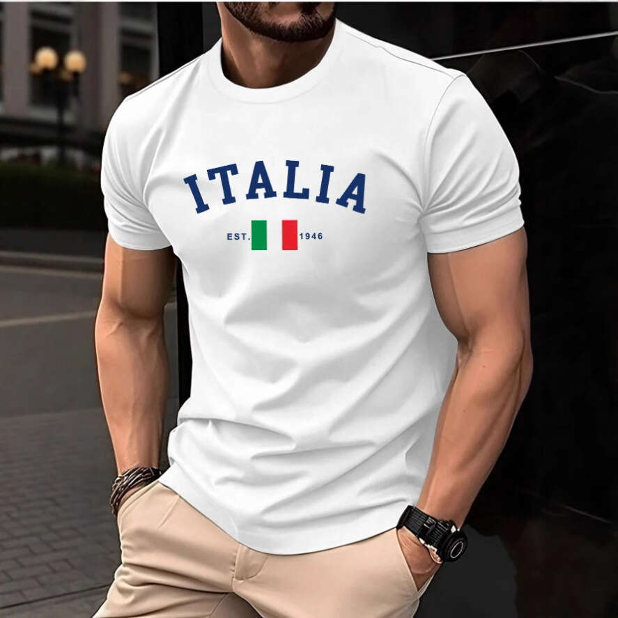 2025 New European and American Export Casual Versatile Fashionable Men's Italian Print Short Sleeve T-Shirt