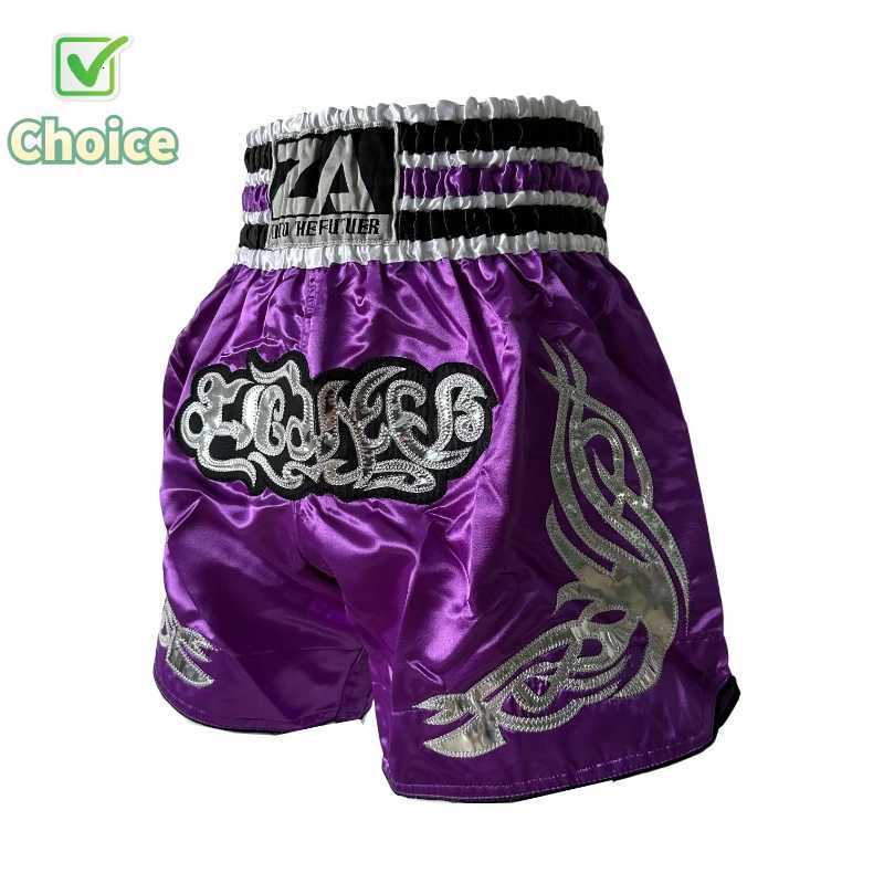 Muay Thai Shorts Traditional Thai Boxing Shorts Men Women Kids Purple Black Satin Embroidered BJJ MMA Gym Fight Kickboxing Pants X260306
