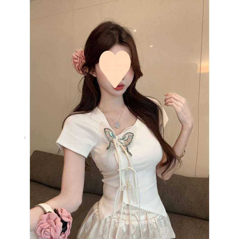 New Chinese Style Short Sleeve Tshirt Irregular Frog Button Short Top Chinese Style Butterfly Tassel Buckle Women Skew Collar Slim-fit Tee Tops