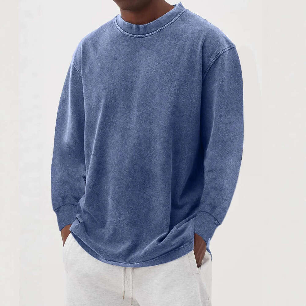European and American cross-border men's casual pure cotton long-sleeve round-neck loose T-shirt vintage style