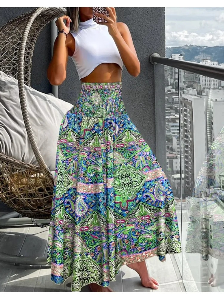 Women Fashion Floral Print Folds Bohemian Elastic High Waist Skirt Ladies Knee-Length Long Skirts For Women 260306