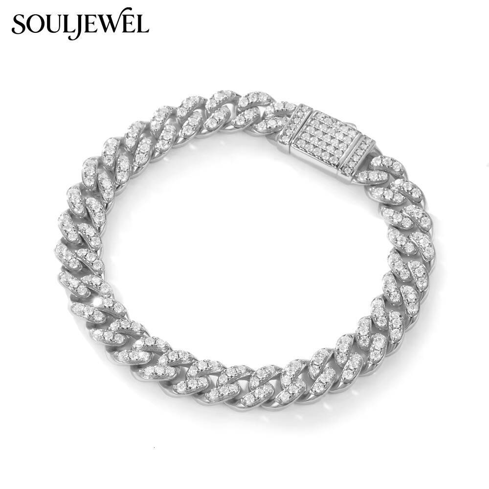Sterling Silver Rhodium Plated Cuban Chain Bracelet with Moissanite Pave Link Hip Hop Style GRA Certified Jewelry for Daily Wear