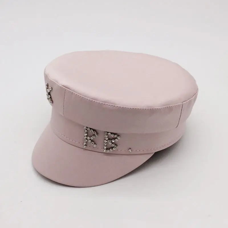 Rhinestone RB Hat sboy Cap Women Fashion Short Brim Duckbill Hat Spring Silk Satin Glossy Flat Top sboy Hat 260303 - view 6