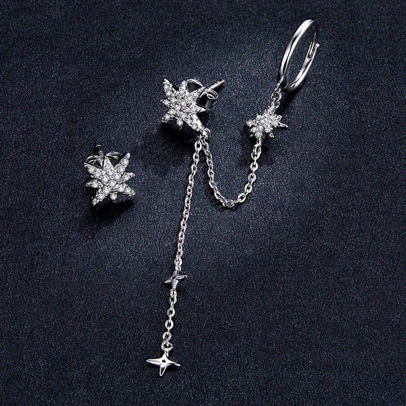 925 Sterling Silver Asymmetric Star Drop Earrings Clear CZ Stud Earring for Women Birthday Gift Jewelry BSE433 260303