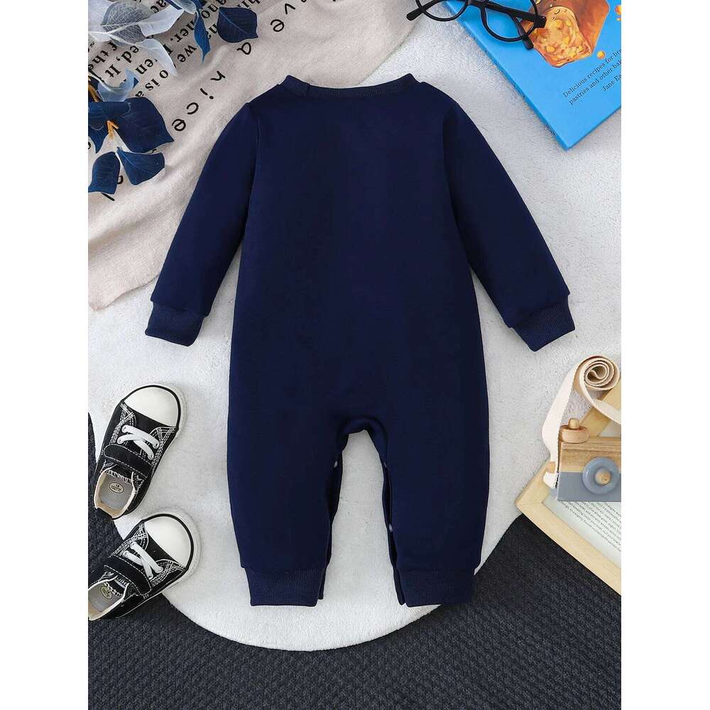 Baby Pure Cotton Long-sleeve Romper, Dark Blue Versatile Jumpsuit, Spring Autumn Warm Onesies, Newborn Outfit Z260306