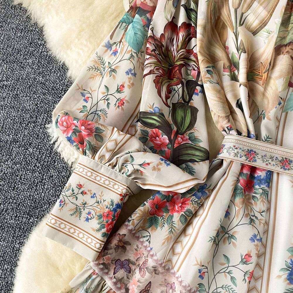 Summer Autumn Floral Print Maxi Dress Shirt Women Long Sleeve Single Breasted A Line Palace Design Loose Printing Party Vestidos Mdng260306