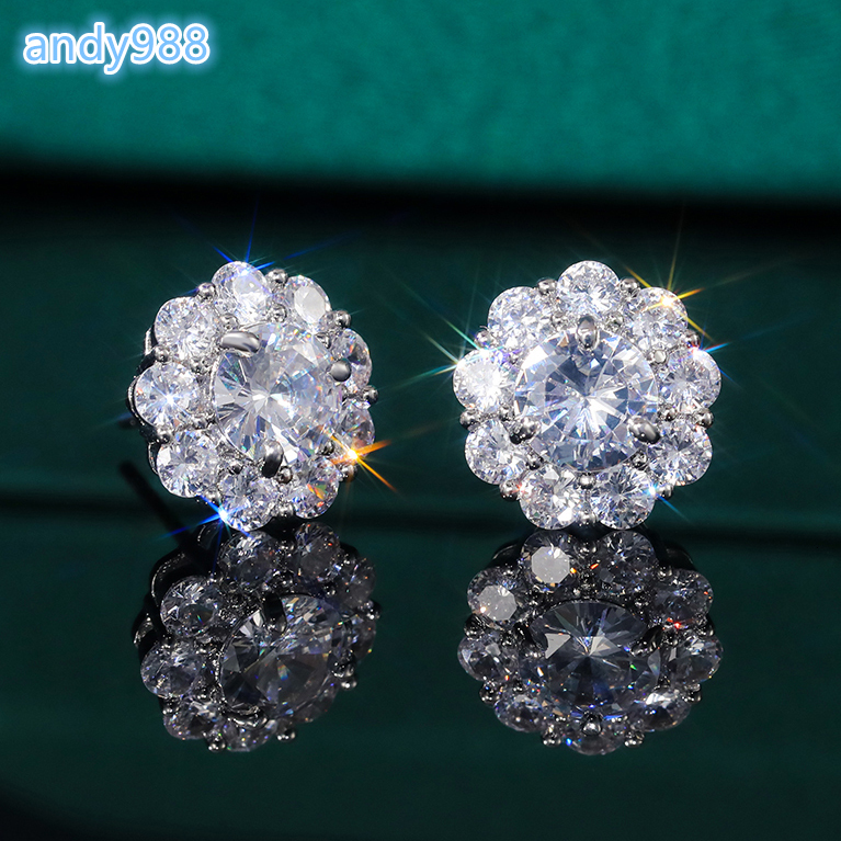 Huitan New Amazing Flower Pure Diamonds moissanite VVS Sweet Earring Girls Dainty Silver Stud Earrings Women Flower