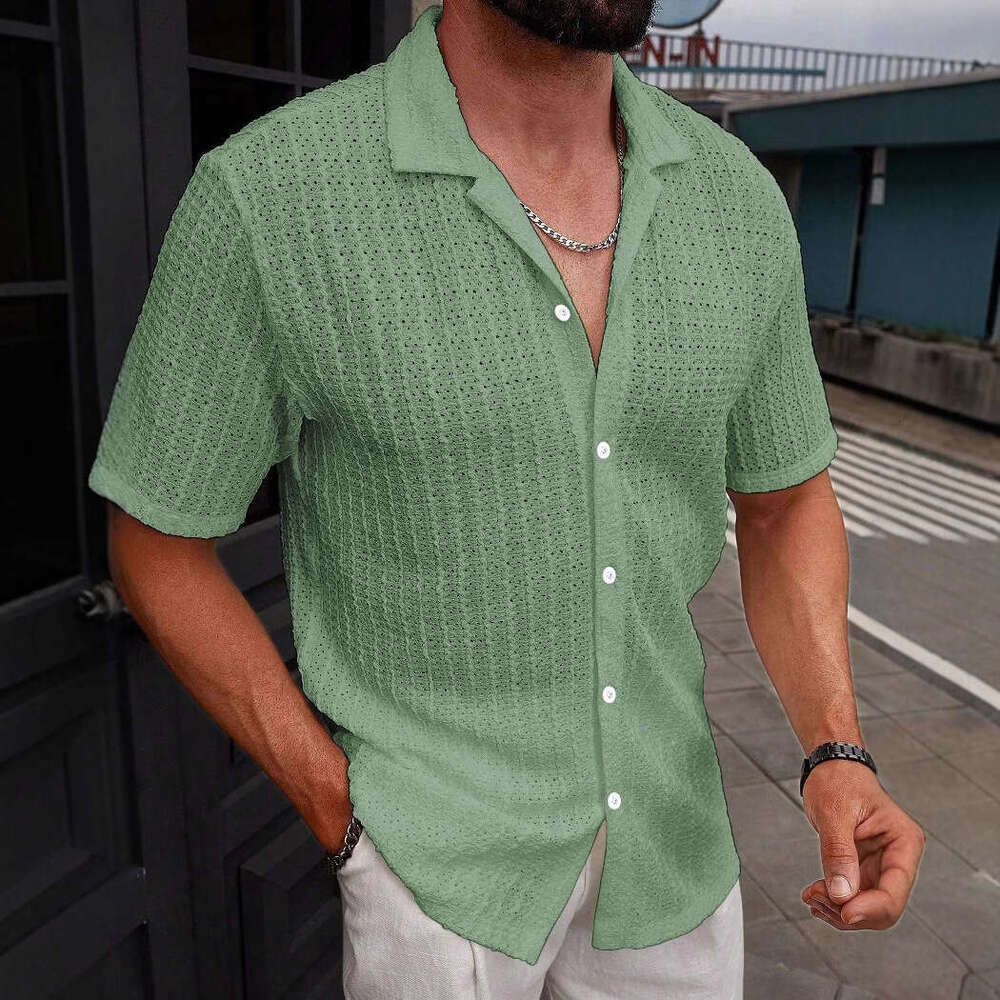 Cross-border temu shein Amazon cross-border foreign trade men's casual striped shirt with turn-down collar and short sleeves