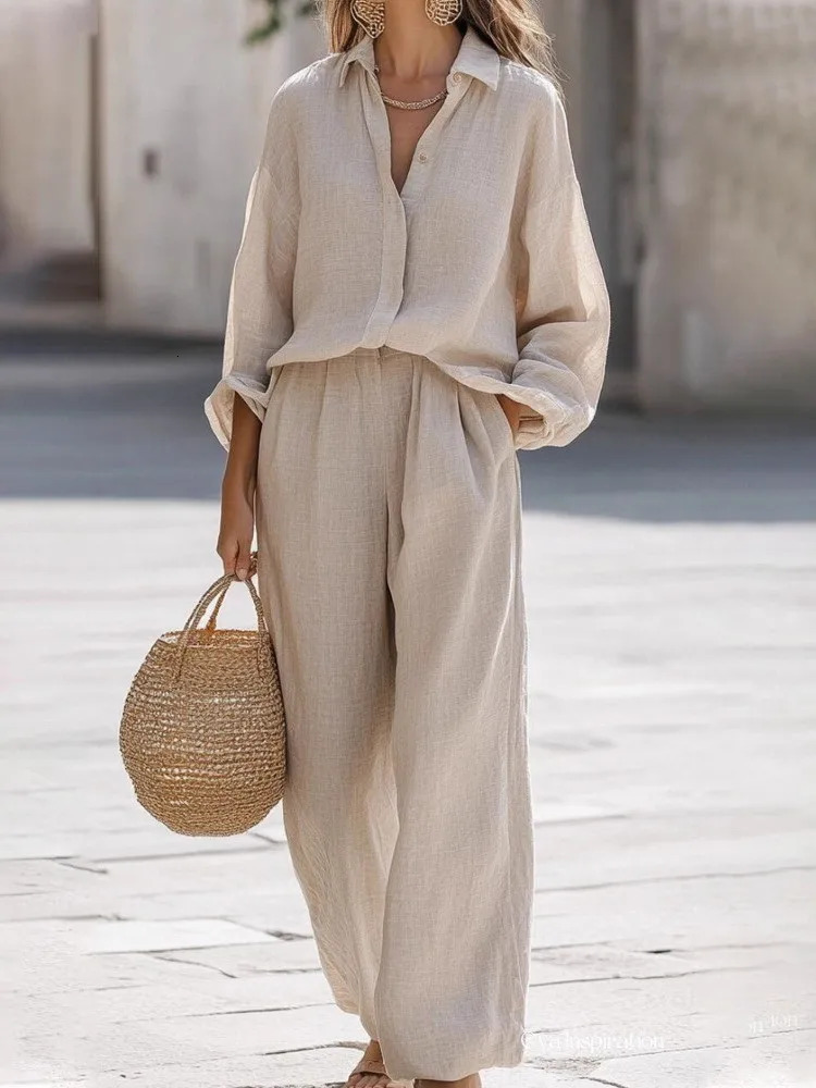 Lady Cotton Linen Shirt Pants Suits Casual Two Piece Set For Women Autumn Long Sleeve Top And Wide Leg Pants Loose Outfits 260305