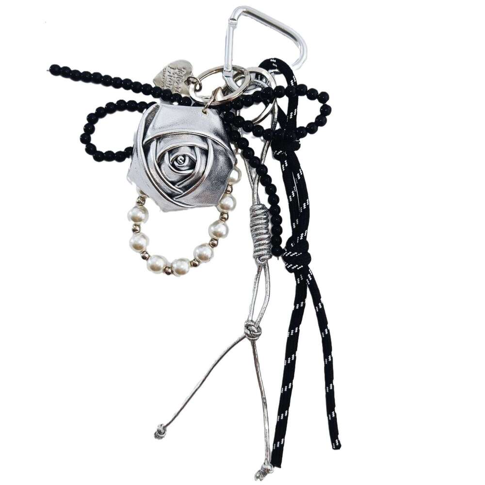 luxury-style bag hanging woven rope ins-style leather DIY keychain rose bow pearl chain pendant