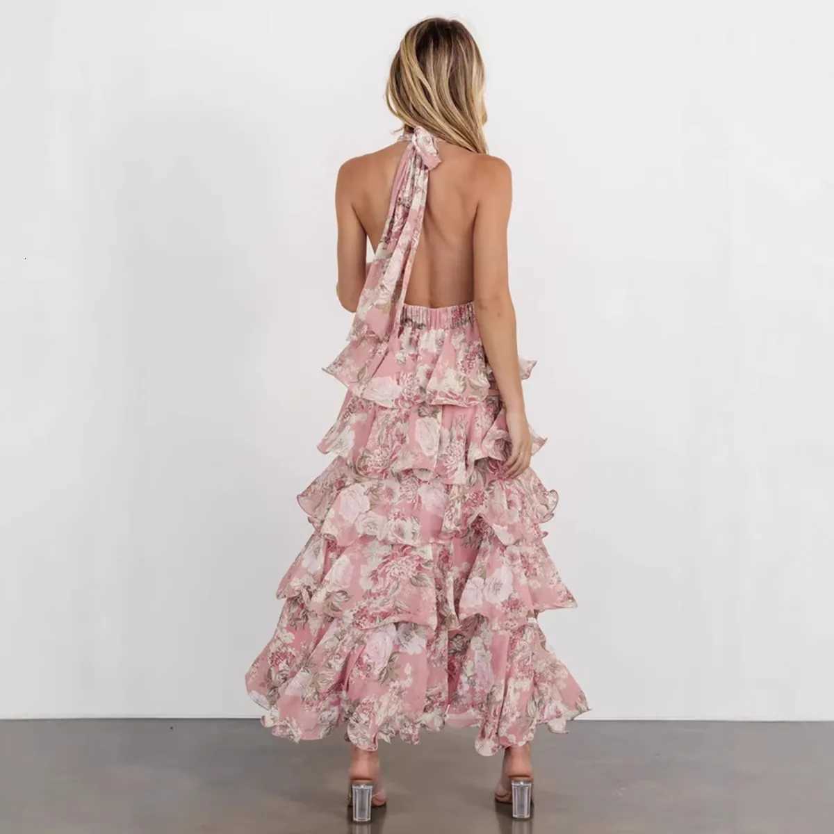 Flowers Print Halter Neck Leace-up Dresses Women Fashion Sexy V-neck Backless Multi-layer Party Dress Elegant Lady Vestidos New X260306