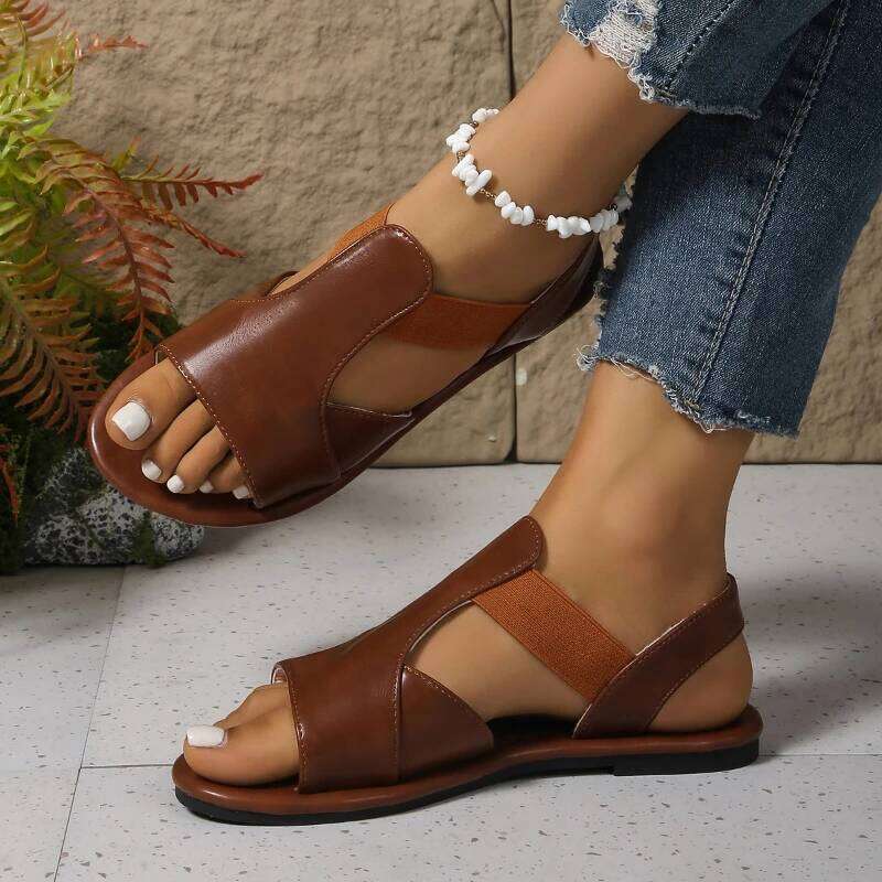 Simple Fashion Flat Heel Women Plus 2025 Summer New Sewing Detail Peep Toe Beach Shoes Casual Ladies Roman Sandals
