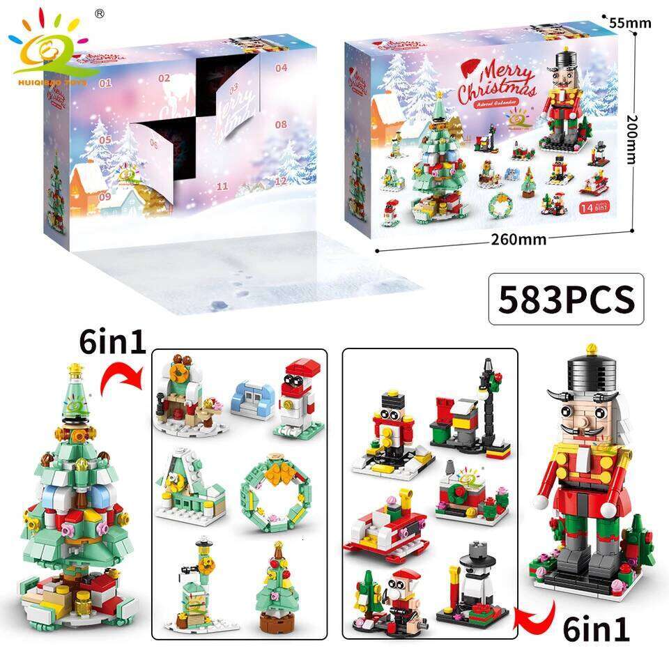 HUIQIBAO Christmas Countdown Calendar Elk Deer Santa Claus Building Blocks City Snow House Xmas Tree Bricks Set Toy for Children Z260306