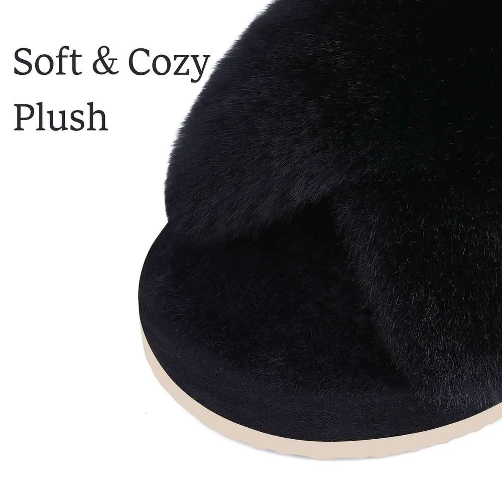 Litfun Winter Fuzzy House For Fluffy Fur Warm Thick Bottom Slides Cross Band Plush Lining Women Slippers