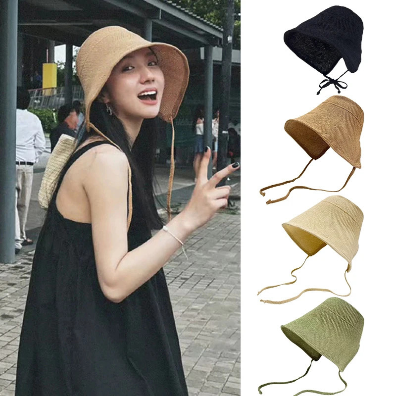 Linen Straw Regency Bonnets Hats For Women Sun Hats Bow Beach Cap Big Wide Brim Cloche Hat Chapeau Femme Lace Up Outdoor Summer 260228