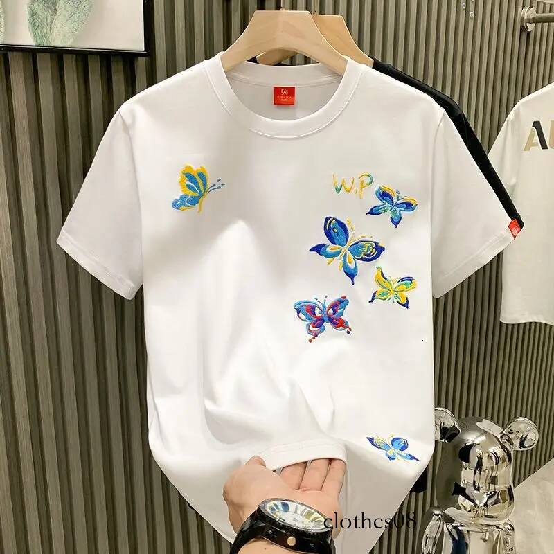Men T shirt Heavy Industry Butterfly Embroidery High-end Niche Design Sense Youth Short-Sleeved T-shirt Men's Fashion Trendy Brand