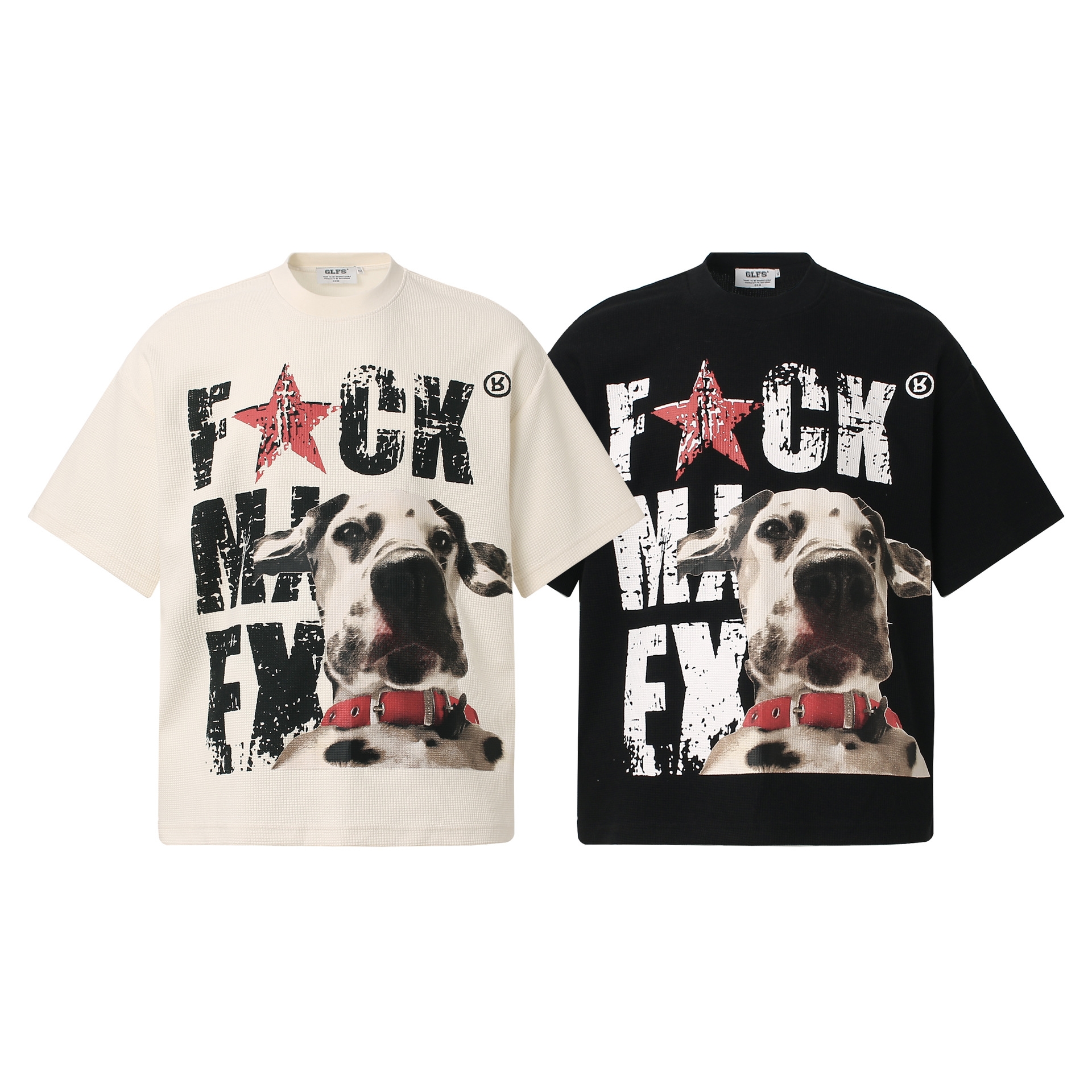 New style American retro couple street fashion waffle fabric dog design high-street men's loose small crew neck T-shirt