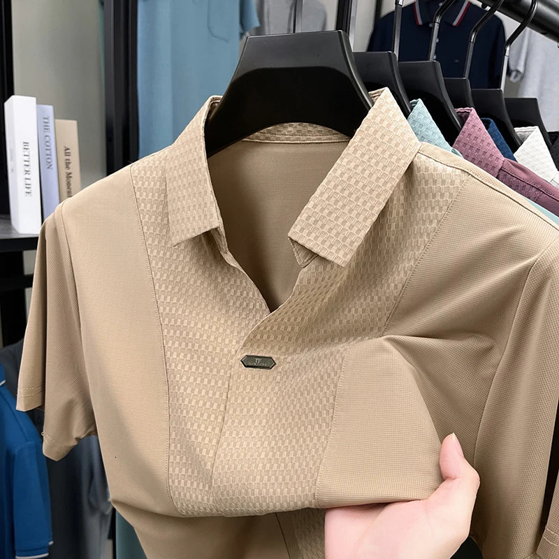 Personality jacquard splicing short sleeve Polo shirt men ice silk breathable high quality fashionable buttonless V-neck T-shirt 260304