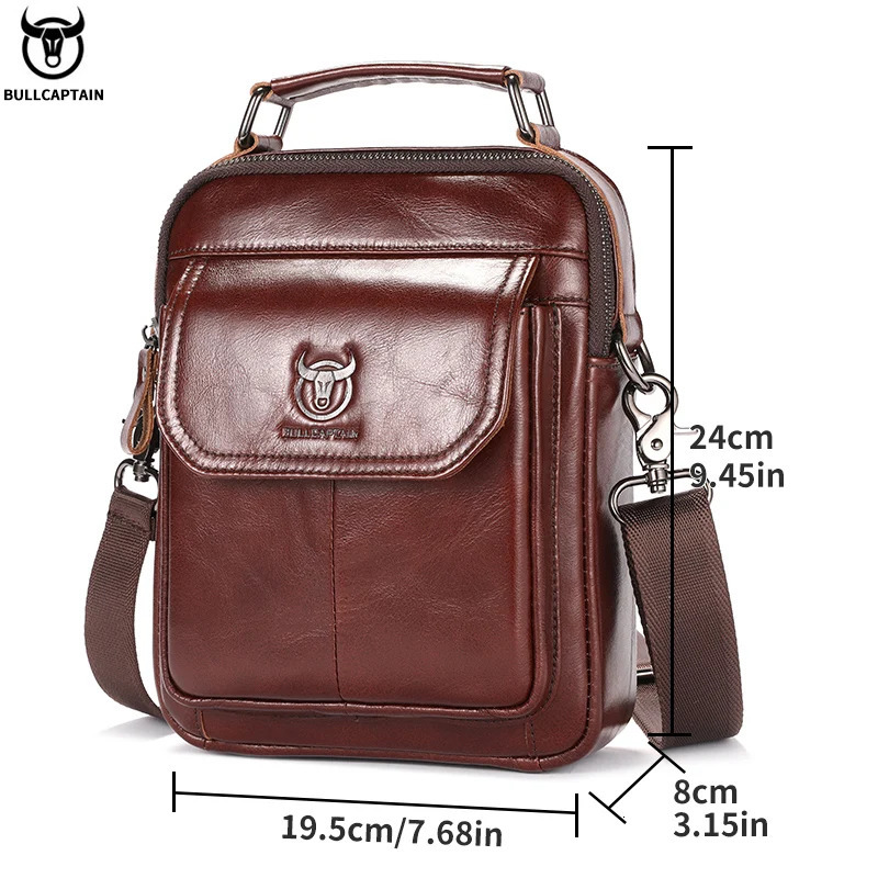 BULLCAPTAIN Mens Genuine Leather Shoulder Bag Multifunctional 79-inch Tablet Handbag Retro Casual Crossbody Bag Cowhide 260305