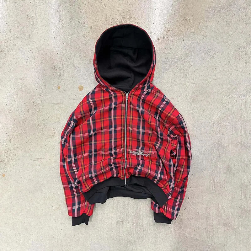 American Retro Reversible Plaid Zipper Hoodie Sweatshirt Mens Womens Casual Plaid Sweatshirt Solid Color Lining Y2K Street Style 260228