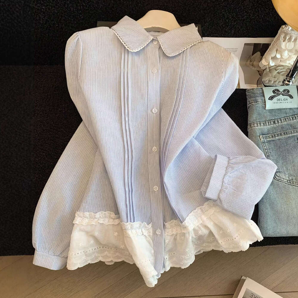 Elegant white long-sleeve shirt with lace hem and patchwork design for women, 2026 new model, Designer doll collar top A10479