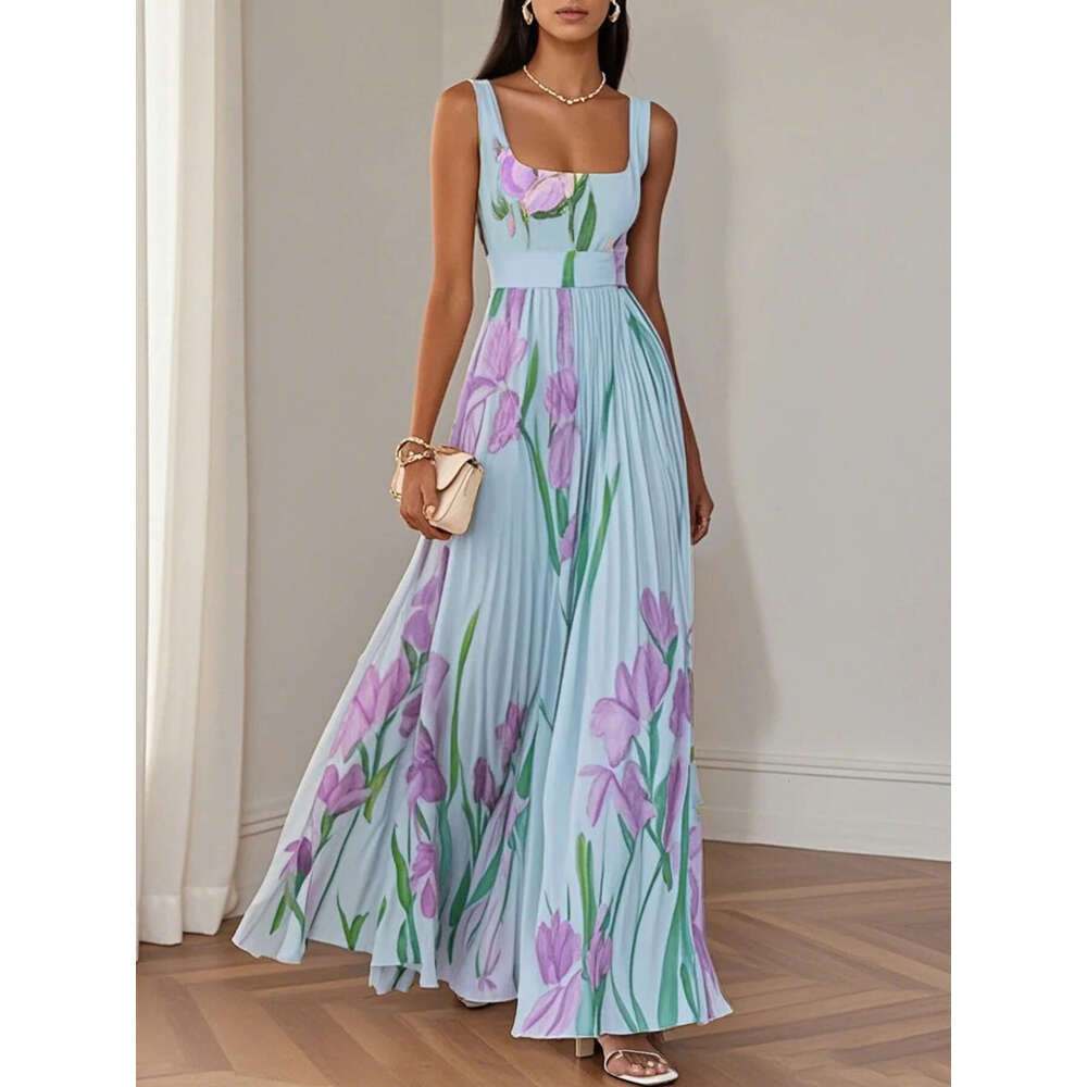 Women's Elegant Summer Maxi Dress Floral Digital Print Pleated Flowy Beach Vacation Party Dress 2026 New Fashion