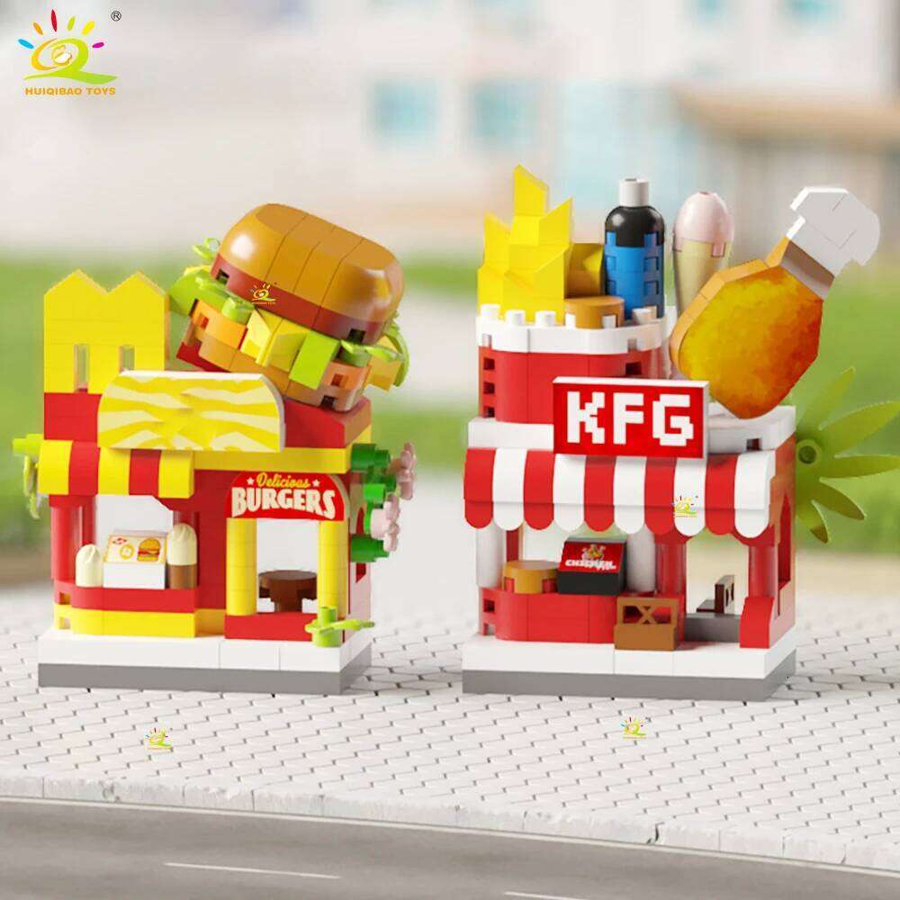 HUIQIBAO MOC Street Shop model Micro Building Block Burger Fried Flower Model Mini Brick Toy for Children Desk Decoration Z260306