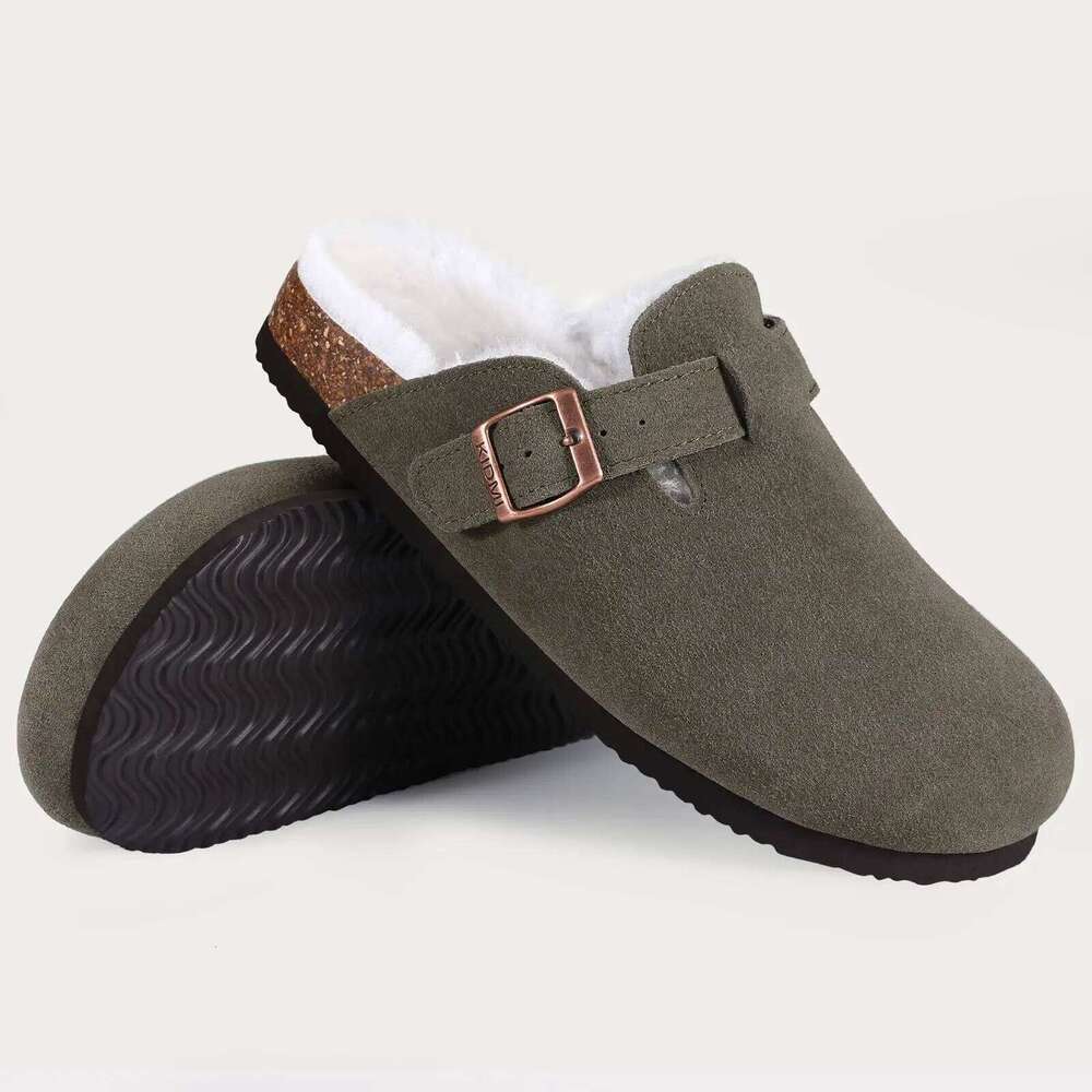 Litfun Winter Fur Mules With Adjustable Buckle Non-slip Cork Footbed Potato Shoes Plush Lined Comfy Women's Suede Clogs