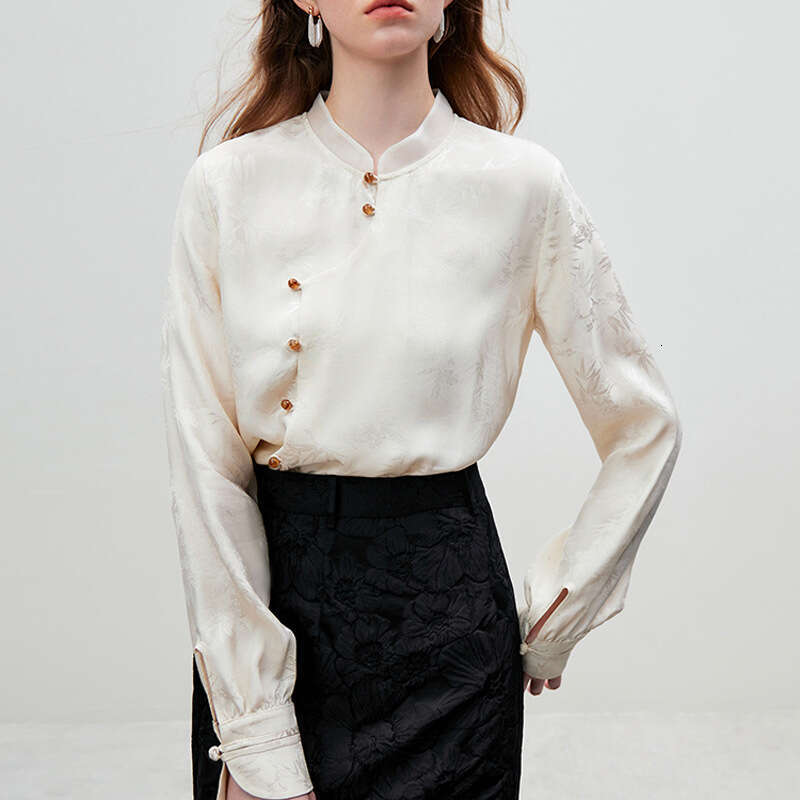 Mardi Hefxessdr Elegant Jacquard Stand Collar Long Sleeve Shirt Improved Button Design High-end Feel For Spring style shirt women's clothing