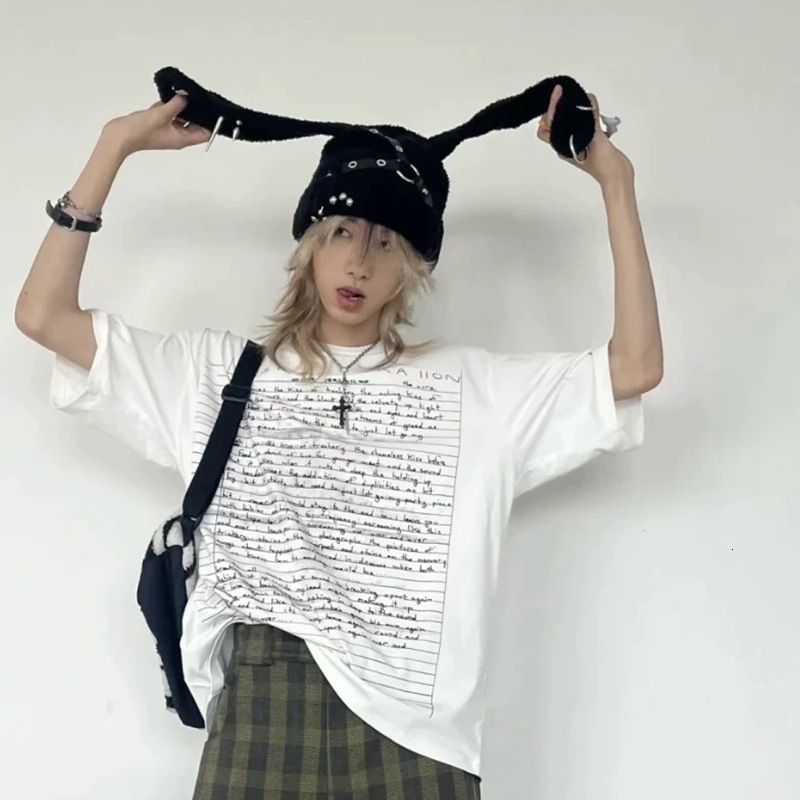 Gothic Grunge Rabbit Ear Hat Harajuku Y2k Punk Chain Pin Metal Ring Lambswool Black Hat Women Girls Winter Warm Chic Streetwear 240718