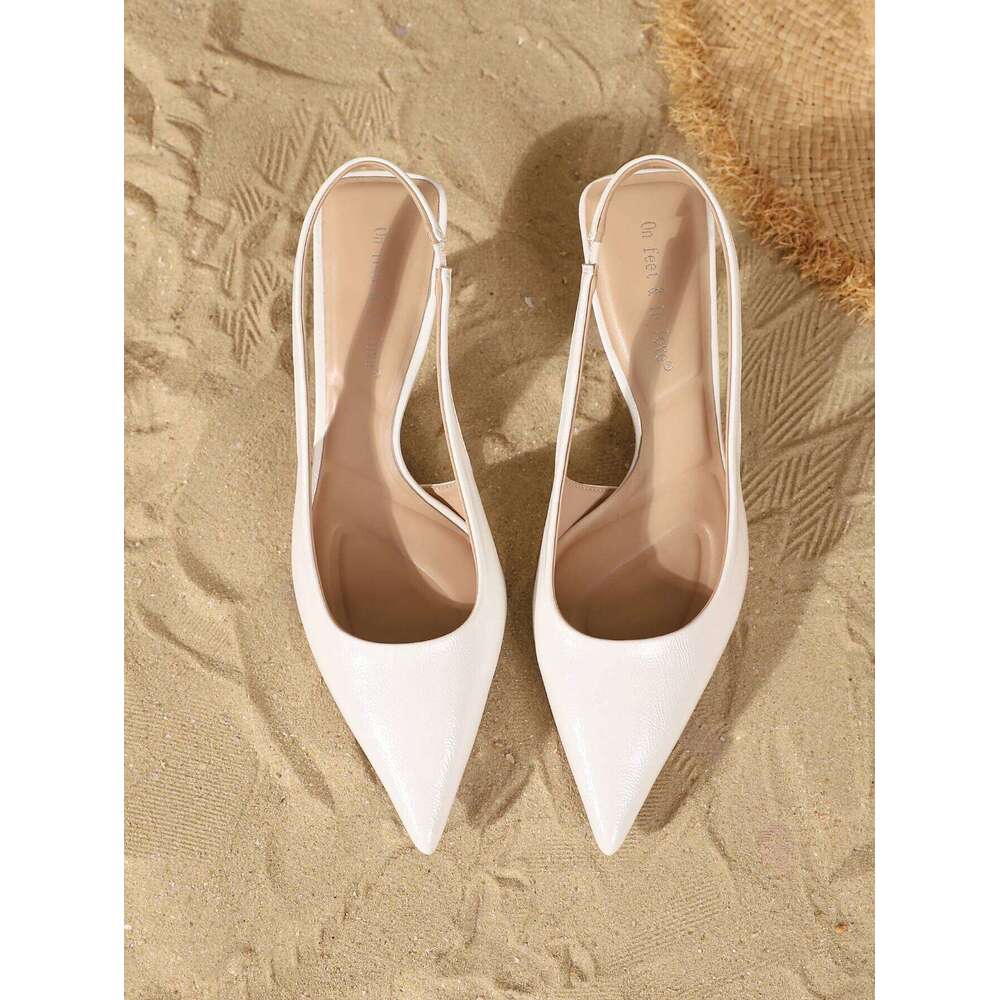 Women's Elegant Pointed Toe Slingback Kitten Heels, Stylish Leather High Heels for Summer, Office & Date Outings, Versatile Soli
