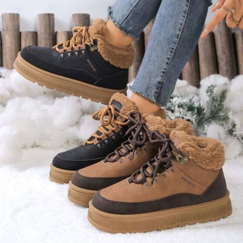 2025 New Thick Bottom Women's Plush Lace Warm Outdoor Non slip Casual Shoes