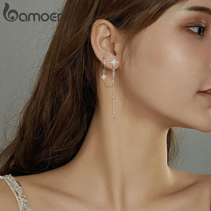 925 Sterling Silver Asymmetric Star Drop Earrings Clear CZ Stud Earring for Women Birthday Gift Jewelry BSE433 260303