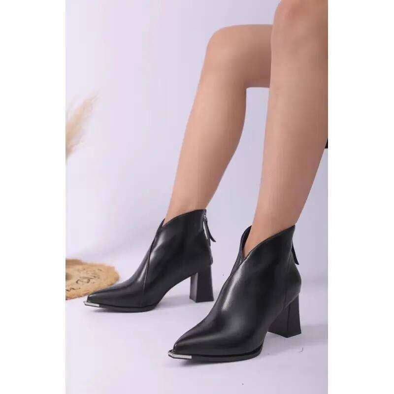 2026 Pointed Toe Ankle Boots Fashion Back Zippers Short Botas Ladies Elegant Square High Heel Women's Footwear